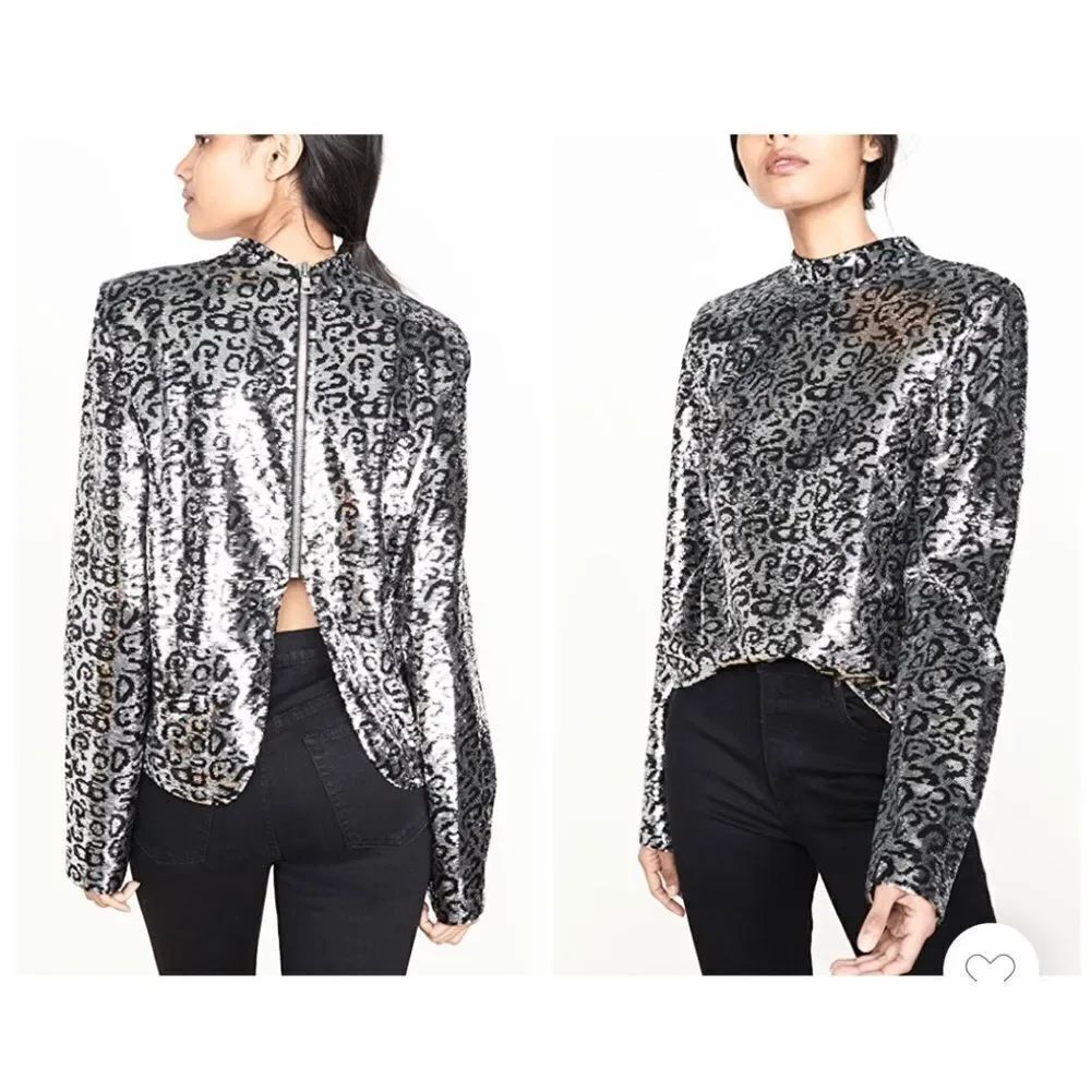 NEW RtA Freddie silver black sequins cheetah print back zipper evening top S